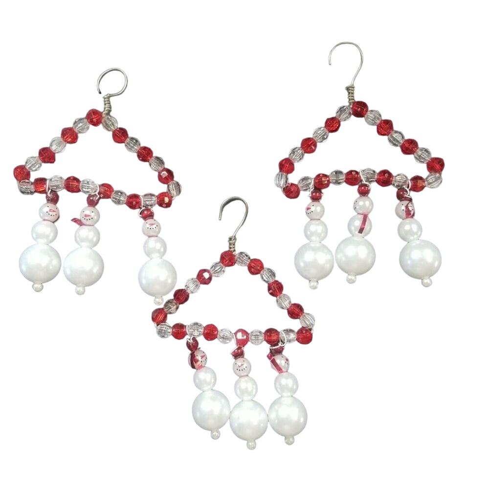 Vintage Beaded Snowman Hangers Christmas Ornaments Handmade Lot of 3 Red White